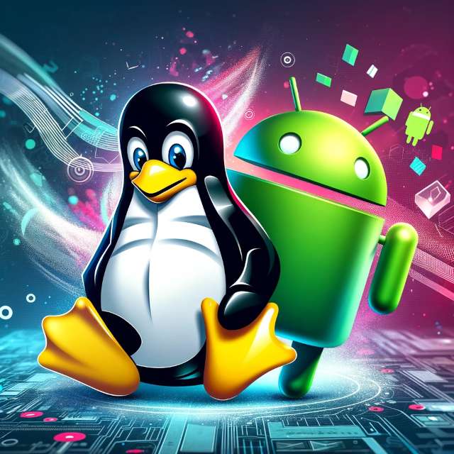 the linux pinguin dances with the Android logo